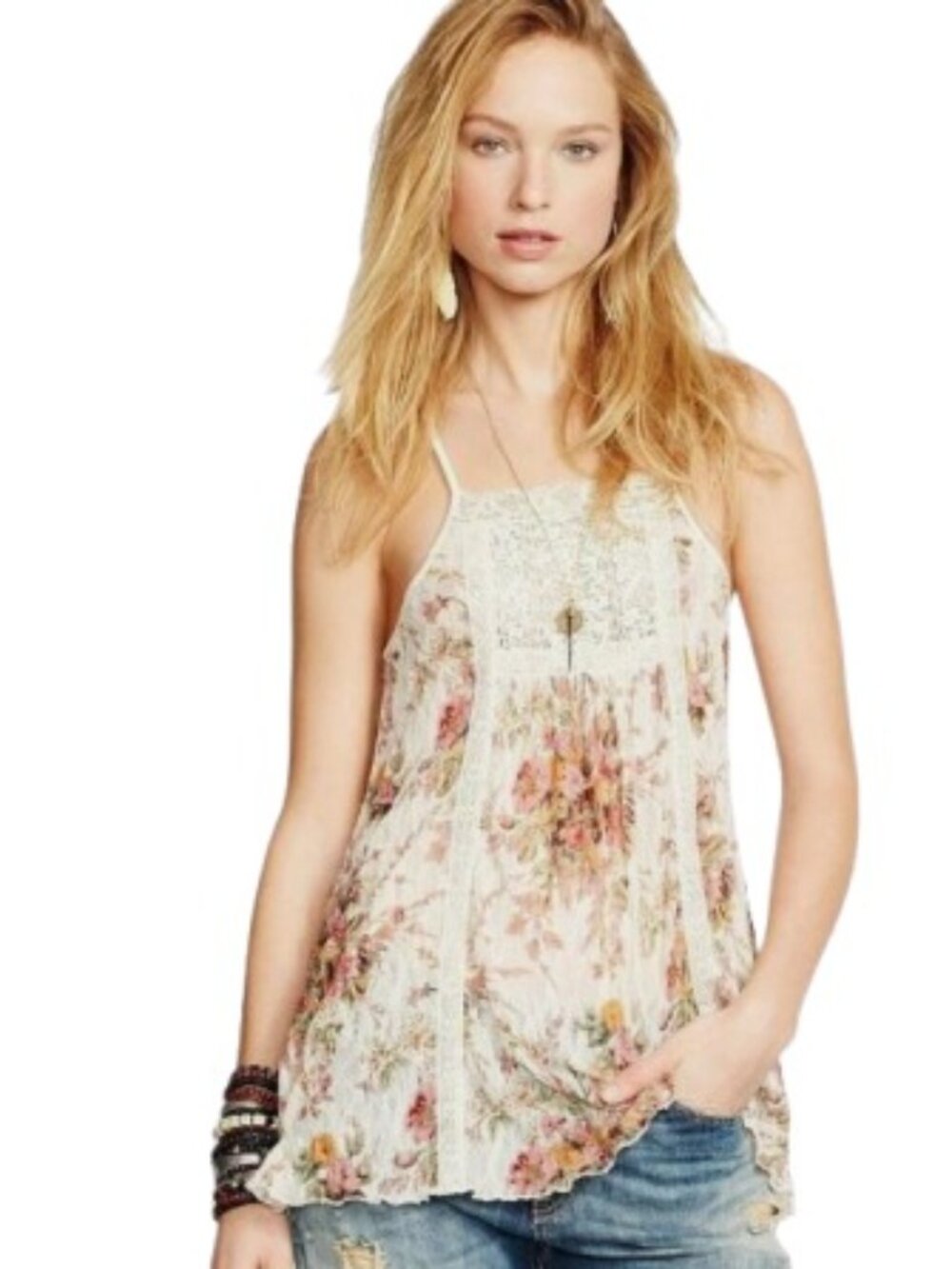 Denim & Supply Ralph Lauren Womens Sheer Tank Top Cream Floral Lace Crochet M